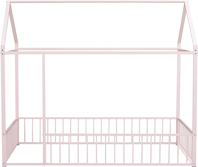 RITSU Twin Size Montessori Floor Bed, Metal House Bedframe with Fence, Robust Construction is Used, for Children'S Rooms, Boys Girls, No Box Spring Needed, Easy Assembly, Pink - LeafyLoom