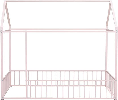 RITSU Twin Size Montessori Floor Bed, Metal House Bedframe with Fence, Robust Construction is Used, for Children'S Rooms, Boys Girls, No Box Spring Needed, Easy Assembly, Pink - LeafyLoom