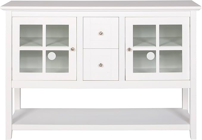 Walker Edison Charlotte Classic Glass Door Storage Buffet, 52 Inch, White - LeafyLoom