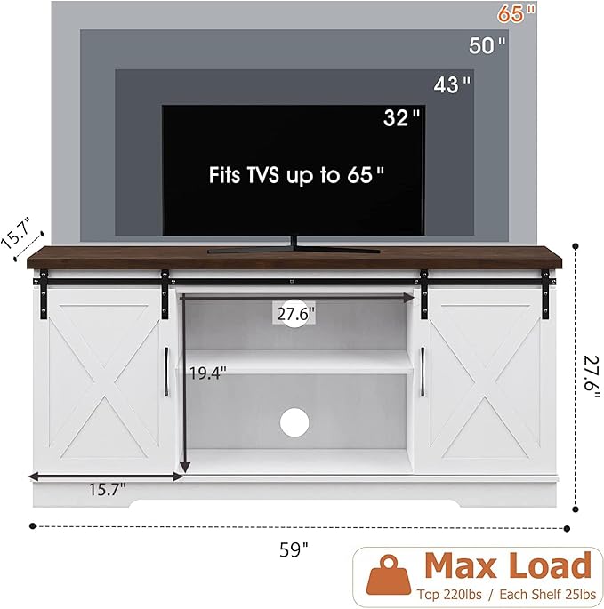 IDEALHOUSE Farmhouse TV Stand, Entertainment Center for 65 Inch TV Media Console Cabinet, White Barn Doors TV Stand with Storage and Shelves, Modern TV Console Table Furniture for Livingroom - LeafyLoom
