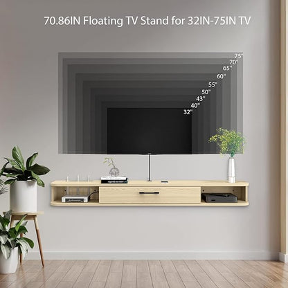 Floating TV Unit, 71'' Wall Mounted TV Cabinet, Floating Shelves with Door, Modern Entertainment Media Console Center Large Storage TV Bench for Living Room & Office (70.86IN, Oak) - LeafyLoom