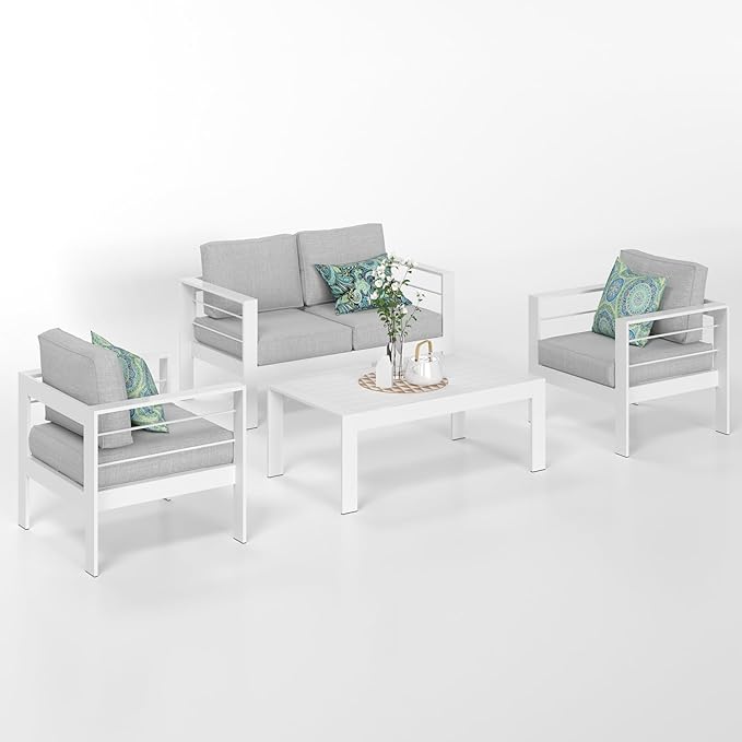 Solaste Outdoor Aluminum Furniture Set - 4 Pieces Patio Sectional Chat Sofa Conversation Set with Table,White - LeafyLoom