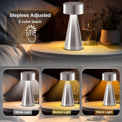 Portable Metal Desk Lamp, Cordless LED Table Lamp,3 Color Touch Control Rechargeable Lamp,3-Levels Brightness Room Decor Desk Lamp,Bedside Lamp,Night Light, Dining Room Lamp (Silver) - LeafyLoom