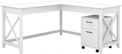 Bush Furniture Key West 60W L Shaped Desk with 2 Drawer Mobile File Cabinet in Pure White Oak - LeafyLoom