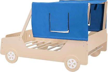 Twin Size Race Jeep Car Bed Platform Bed with Tent Canopy and Wheels,Wood Bed Frame W/Raised Bed Design,for Kids Boys Girls Teens,White - LeafyLoom