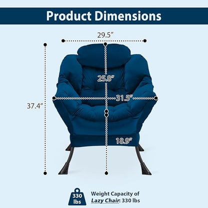 Lazy Chair Thick Padded, Accent Chair Velvet Upholstered with Wide Seat, Stable Metal Frame and Non-Slip Pad, Modern Sofa Armchair with Side Storage Bag for Dorm, Room, Office, Blue - LeafyLoom