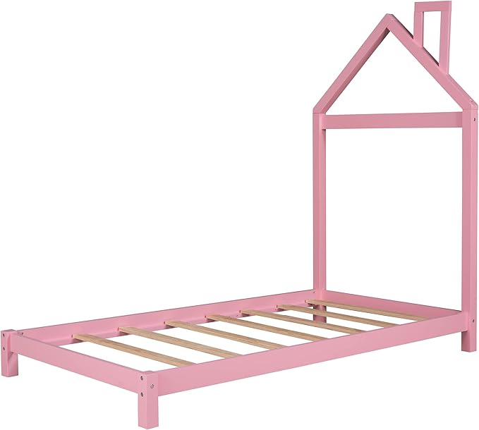 Jintop Twin Size Wood Platform Chimney and House-Shaped Headboard,Bedroom Furniture Bed Frame W/ 10 Slat Support,Easy to Install,for Teens Kids Girls Boys,Pink - LeafyLoom