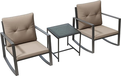 3 Piece Rocking Bistro Set - Synthetic Wicker Outdoor Furniture - Glass Coffee Table with 2 Chairs for Balcony, Patio & Porch - Black Metal, Soft Cushions (Coffee) - LeafyLoom