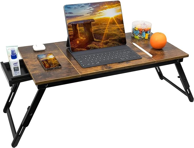 Bamboo Laptop Desk Bed Tray Table Adjustable Table for Computer Tilting Top Foldable Leg with Drawer - LeafyLoom