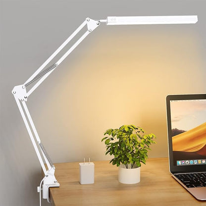 LED Desk Lamp, Swing Arm Desk Light with Clamp, 3 Lighting 10 Brightness Eye-caring Modes, reading desk lamps for home office 360°Spin with USB Adapter & Memory Function white-14W - LeafyLoom