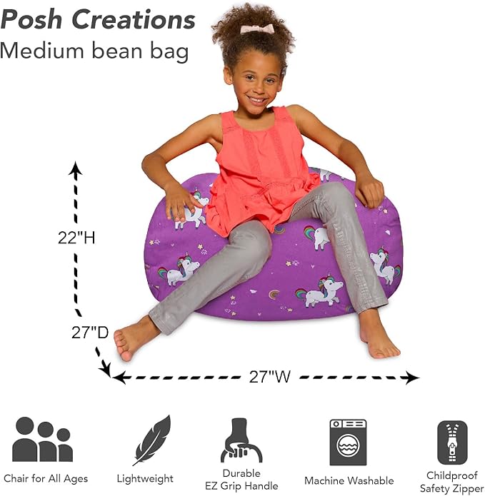 Posh Creations Bean Bag Chair for Kids, Teens, and Adults Includes Removable and Machine Washable Cover, 27in - Medium, Canvas Unicorn and Rainbows on Purple - LeafyLoom