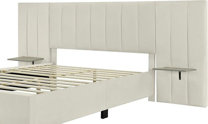 Queen Upholstered Platform Bed Frame with Extended Headboard and and Two Shelves, Velvet Bed, No Box Spring Needed, Beige - LeafyLoom