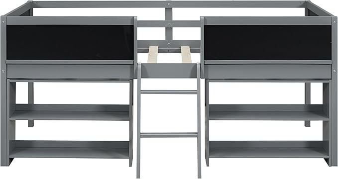 Twin Size Low loft Bed with Movable Shelves for Kids,Kids Low Loft Bed Frame with Guardrail Chalkboard and Storage,Solid Wood Loft Bed Twin for Boys,Girls(Gray) - LeafyLoom