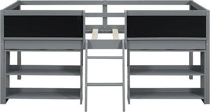 Twin Size Low loft Bed with Movable Shelves for Kids,Kids Low Loft Bed Frame with Guardrail Chalkboard and Storage,Solid Wood Loft Bed Twin for Boys,Girls(Gray) - LeafyLoom