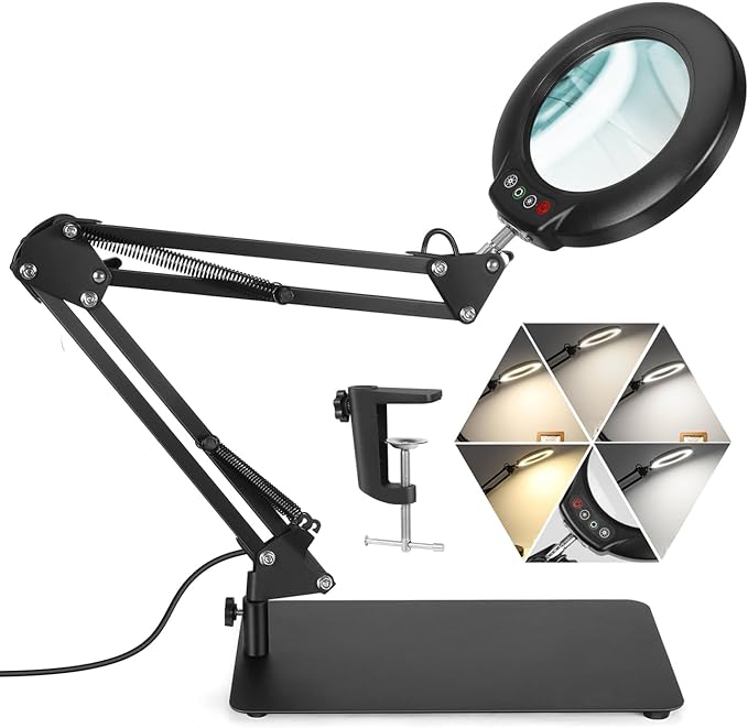 Veemagni 10X Magnifying Glass with Light and Stand, 5 Color Modes Stepless Dimmable 2-in-1 Desk Lamp & Clamp, LED Lighted Magnifier with Light, Hands Free for Repair Craft Hobby Close Work - LeafyLoom