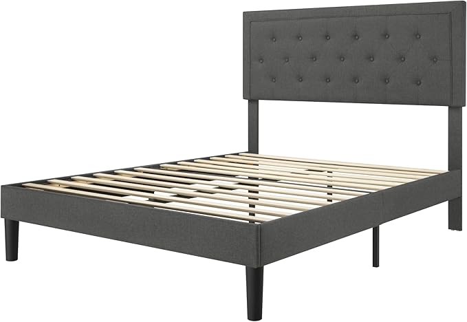 Allewie Queen Size Button Tufted Platform Bed Frame/Fabric Upholstered Bed Frame with Adjustable Headboard/Wood Slat Support/Mattress Foundation/Dark Grey (Queen) - LeafyLoom