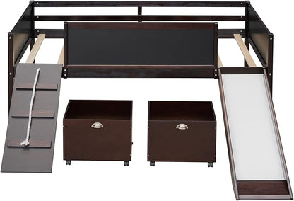 Twin Size Low Loft Bed with Slide and 2 Storage Boxes,Kids Low Loft Bed Frame with Climbing and Chalkboard,Solid Loft Bed Twin for Boys,Girls,Espresso - LeafyLoom