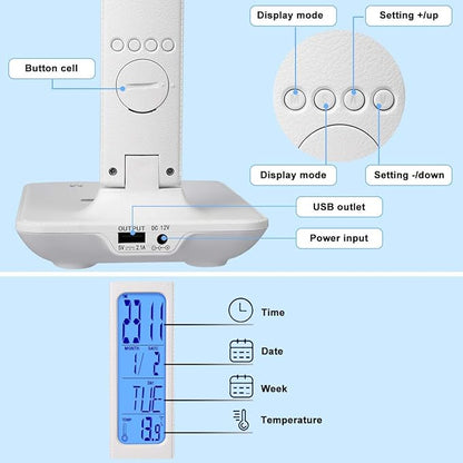 LED Desk Lamp, Desk Lamp with Wireless Charger, Suitable for Home, Office Dimmable Desk Lamp, with USB Charging Port, Built-in Clock, Calendar, Thermometer and Automatic Timing Reading Desk Lamp. - LeafyLoom