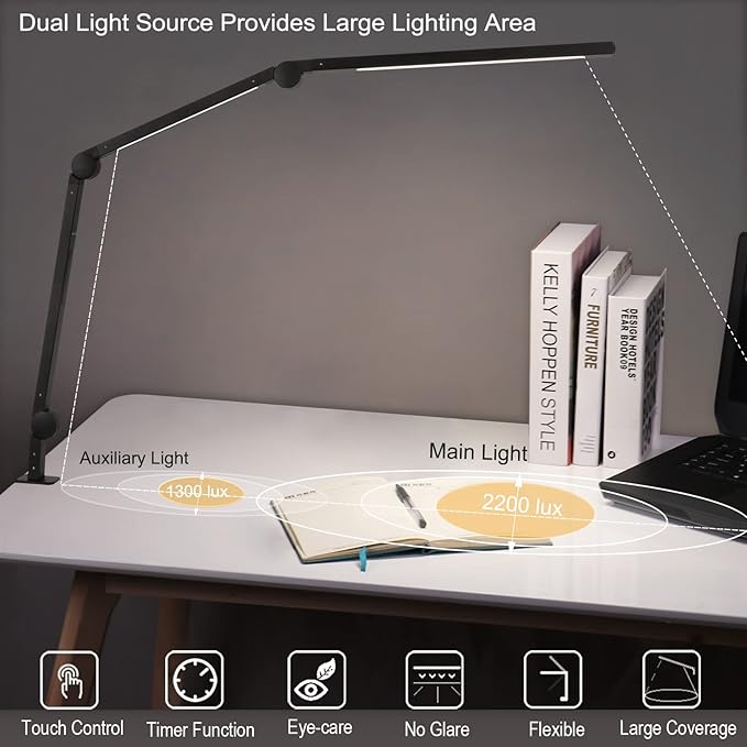 Desk Lamp, LED Desk Lamp with Clamp for Home Office, High Brightness Dimmable Desk Light, Adjustable Color Temperature Swing Arm Architect Lamp with Memory & Timing,Touch control Clamp Lamp - LeafyLoom