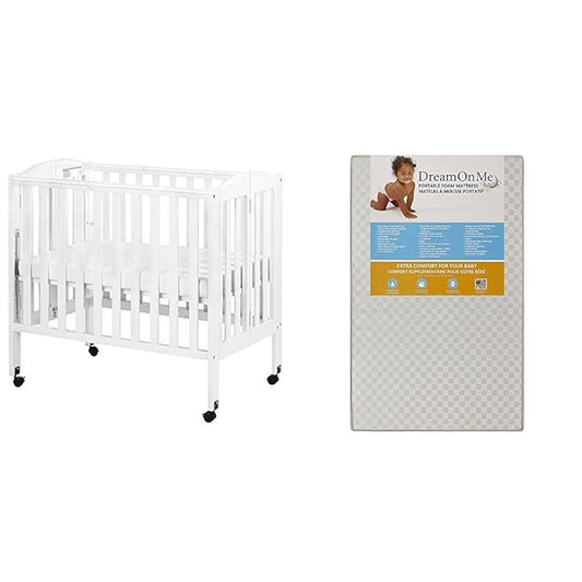 3 in 1 Portable Folding Stationary Side Crib with Dream On Me 3 Portable Crib Mattress, White - LeafyLoom