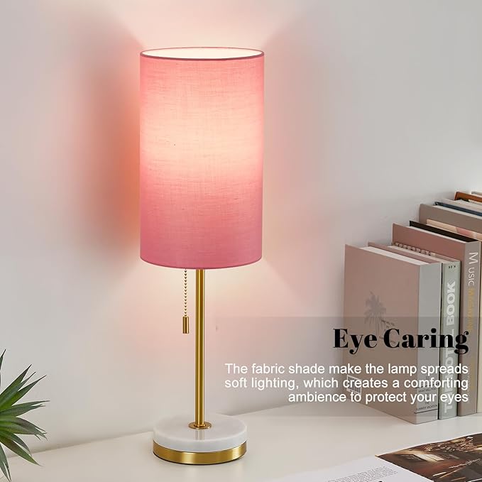 Luvkczc Minimalist Table Lamp Set of 2, Nightstand Lamp for Bedroom Living Room, Modern Pull Chain Bedside Lamp with Marble Base, Fabric Shade, Small Desk Lamp for Home, Office, Reading,Pink - LeafyLoom