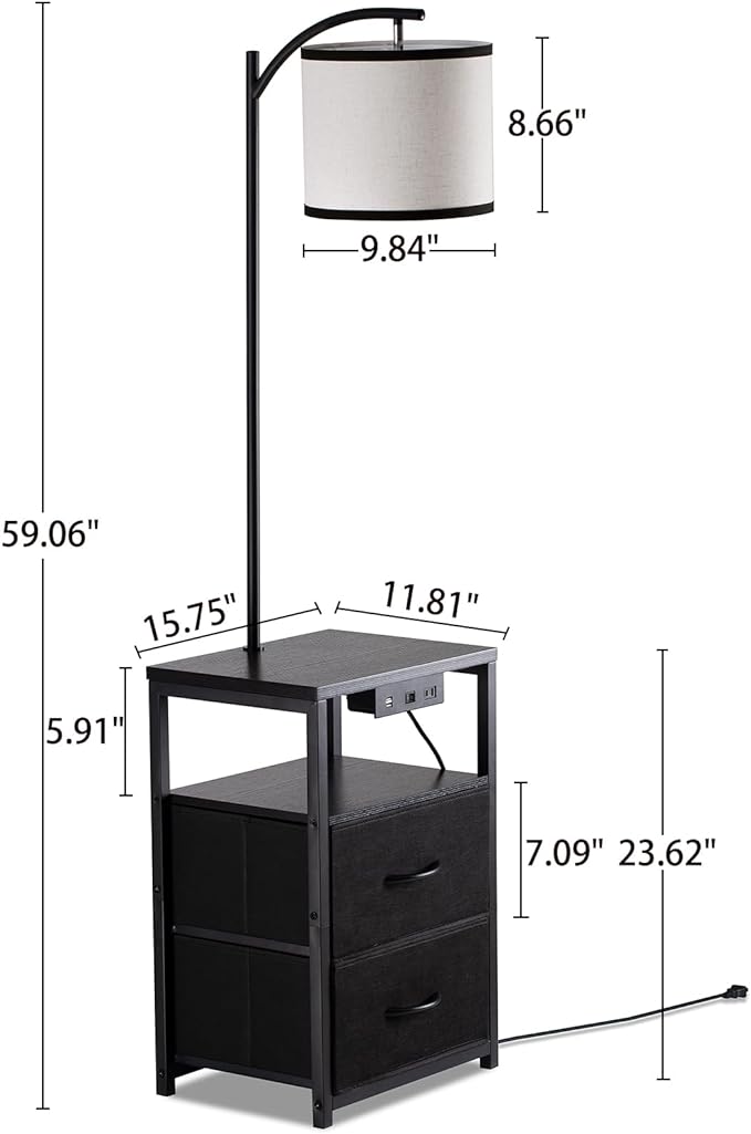 SUNMORY Floor Lamp with Table & 2 Drawers, Lamp with USB Port and Outlet, Lamps for Nightstand with 3 Color Temperature Led Bulb Included, Floor Lamps for Living Room, Bedroom and Home Office, Black - LeafyLoom