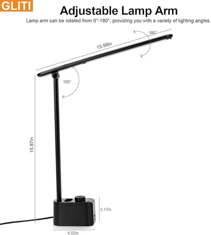 LED Office Desk Lamp, 630 Lumens Bright Table Lamp with Clock Display.A+C USB Fast Charging Charging Port, Desk Light for Office, Industrial Painting, Crafts (with Adapter) - LeafyLoom