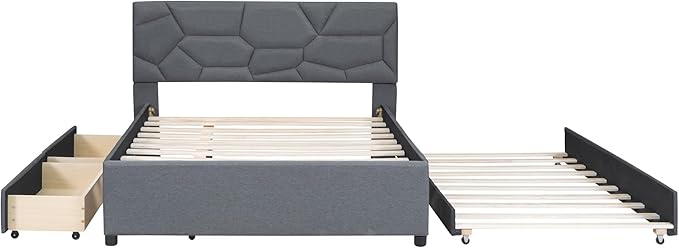 Full Size Linen Upholstered Platform Bed with Twin Size Trundle and 2 Drawers,Bedroom Bed Frame w/Brick Pattern Headboard,Wooden Slats Supproted,for Teens Kids Adults,Gray - LeafyLoom