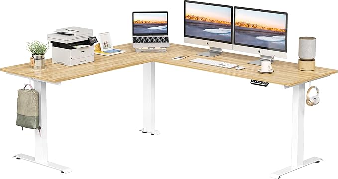 FEZIBO 75 Inches Triple Motor L Shaped Standing Desk Reversible, Electric Height Adjustable Corner Stand up Desk, Sit Stand Desk Computer Workstation, White Frame/Natural Top - LeafyLoom