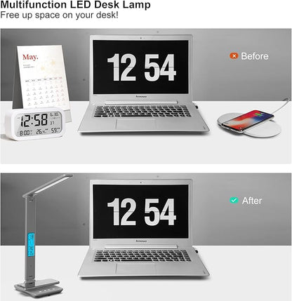 poukaran Desk Lamp, LED Desk Lamp with Wireless Charger, USB Charging Port, Table Lamp with Clock, Alarm, Date, Temperature, Office Lamp, Desk Lamps for Home Office, Grey - LeafyLoom