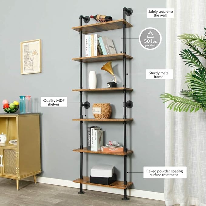 6-Tier Industrial Pipe Shelves Shelf Shelving Rustic Wood Metal Wrought Iron Ladder Bookcase Bookshelf Wall Mounted Mount DIY Loft Vintage Floating Hanging Storage Display (23.6x9.8x78.7”) - LeafyLoom