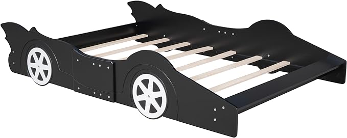 Car Shaped Toddler Bed with Wheels,Racecar Platform Beds W/Safety Guardrail,Slats Support,Stylish Design,Easy Assembly,Wood Full Bedframe for Boys Toddlers Kids Teens Bedroom,Black - LeafyLoom