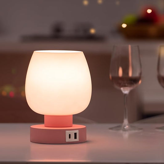 Touch Bedside Table Lamp - Pink Small Lamp for Bedroom with USB C+A Charging Ports 3 Way Dimmable, Nightstand Desk lamp with Glass Lamp Shade Warm LED Bulb Included, Simple Design Christmas - LeafyLoom