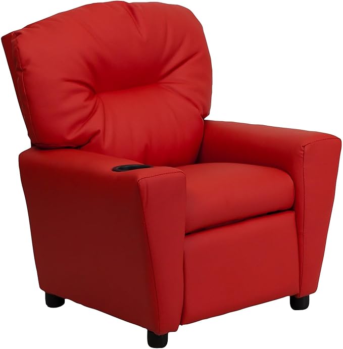 Flash Furniture Chandler Vinyl Kids Recliner with Cup Holder and Safety Recline, Contemporary Reclining Chair for Kids, Supports up to 90 lbs., Red - LeafyLoom