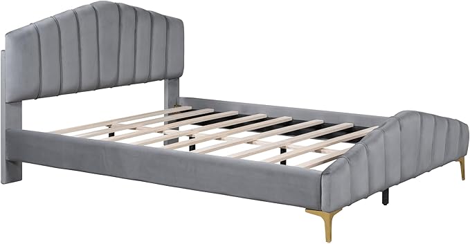 RITSU Queen Size Velvet Platform Bed with Thick Fabric, Solid Wood Bedframe Stylish Stripe Decorated Bedboard and Golden Metal Beds Leg, for BedRoom, Children's bedroom, Gray - LeafyLoom