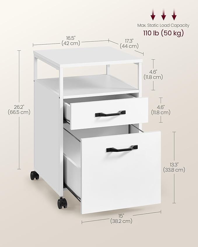 VASAGLE File Cabinet, Mobile Filing Cabinet with Wheels, 2 Drawers, Open Shelf, for A4, Letter Size, Hanging File Folders, Cloud White UOFC071W14 - LeafyLoom