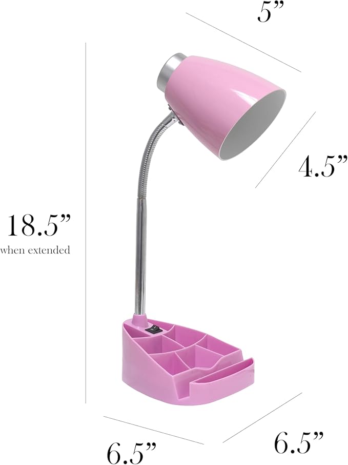 Simple Designs LD1067-PNK Compartmental Desk Lamp with iPhone/iPad/Tablet Stand, Bendable Gooseneck, for Office, Living Room, Nightstand, Library, Entryway, Pink - LeafyLoom