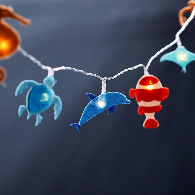 Lights4fun, Inc. 16 Sea Life Ocean Themed Felt Battery Operated LED Indoor Kids Bedroom Nursery String Lights - LeafyLoom