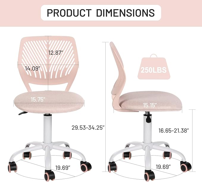 Desk Chair Small Armless, Comfy Home Office Chair with Fabric Seating Cushion and Plastic Low-Back, Adjustable Swivel Study Computer Task Chair for Student Children Kids with Rolling Wheels, Pink - LeafyLoom