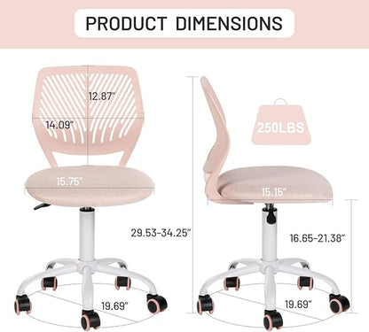 Desk Chair Small Armless, Comfy Home Office Chair with Fabric Seating Cushion and Plastic Low-Back, Adjustable Swivel Study Computer Task Chair for Student Children Kids with Rolling Wheels, Pink - LeafyLoom