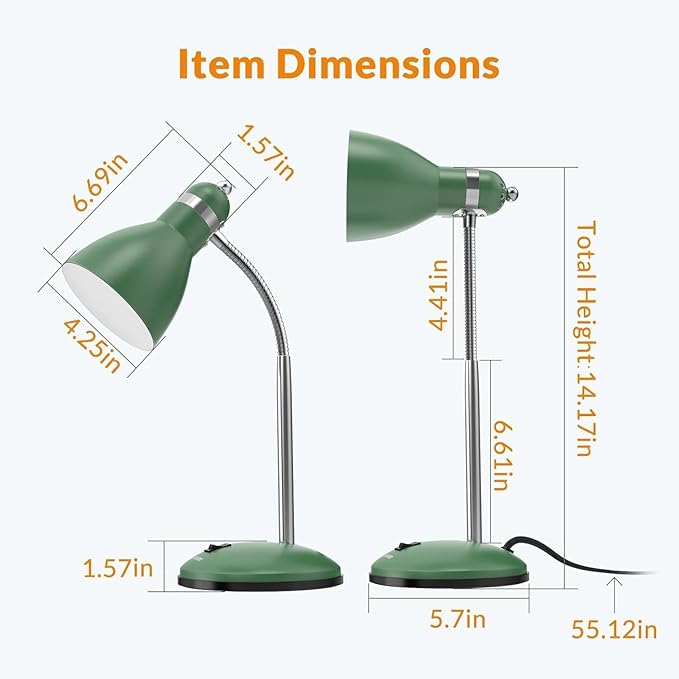 LEPOWER Metal Desk Lamp, Adjustable Goose Neck Table Lamp, Eye-Caring Study Desk Lamps for Bedroom, Study Room and Office (Green) - LeafyLoom