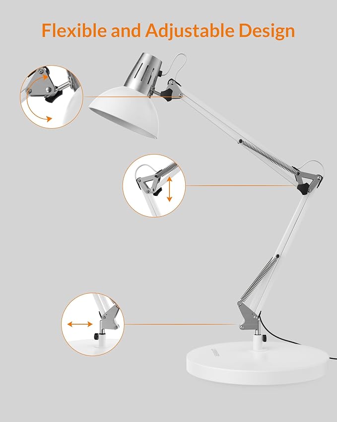 LEPOWER Metal Desk Lamp, Adjustable Goose Neck Architect Table Lamp with On/Off Switch, Swing Arm Desk Lamp with Clamp, Eye-Caring Reading Lamp for Bedroom, Study Room &Office (White) - LeafyLoom