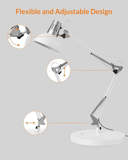 LEPOWER Metal Desk Lamp, Adjustable Goose Neck Architect Table Lamp with On/Off Switch, Swing Arm Desk Lamp with Clamp, Eye-Caring Reading Lamp for Bedroom, Study Room &Office (White) - LeafyLoom