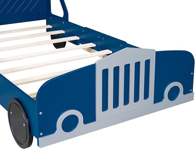 Twin Size Car-Shaped Bed Frame for Kids,Wooden Platform Bed with Wheels and Side Rails for for Boys Girls,Wood Slat Supports,No Box Spring Needed,Blue - LeafyLoom