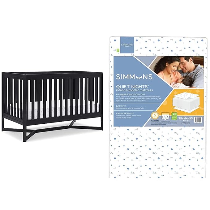 Delta Children Tribeca 4-in-1 Baby Convertible Crib + Simmons Kids Quiet Nights Crib and Toddler Mattress Made from Recycled Water Bottles/GREENGUARD Gold Certified [Bundle], Midnight Grey - LeafyLoom