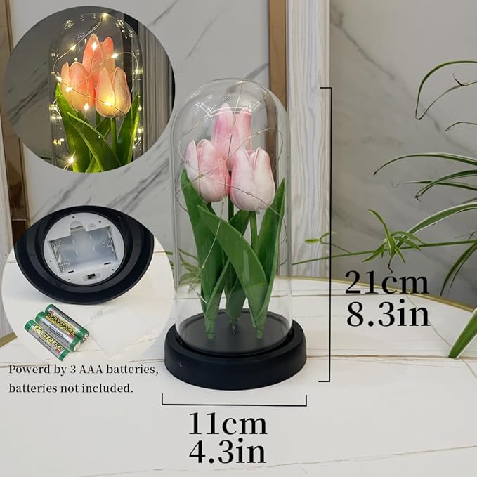 LED Tulip Lamp Artificial Flower Night Light Handmade Light up Tulips in Glass Dome Table Lamp Ornaments Desktop Decor - Battery Operated (Pink) - LeafyLoom