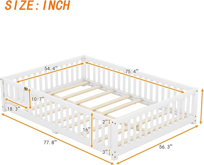 Multifunctional Full Size Floor Bed with Safety Guardrails and Door, Removable Wood Slats, Montessori Beds Frame for Toddlers, Easy Assembly, for Boys and Girls Room, White - LeafyLoom