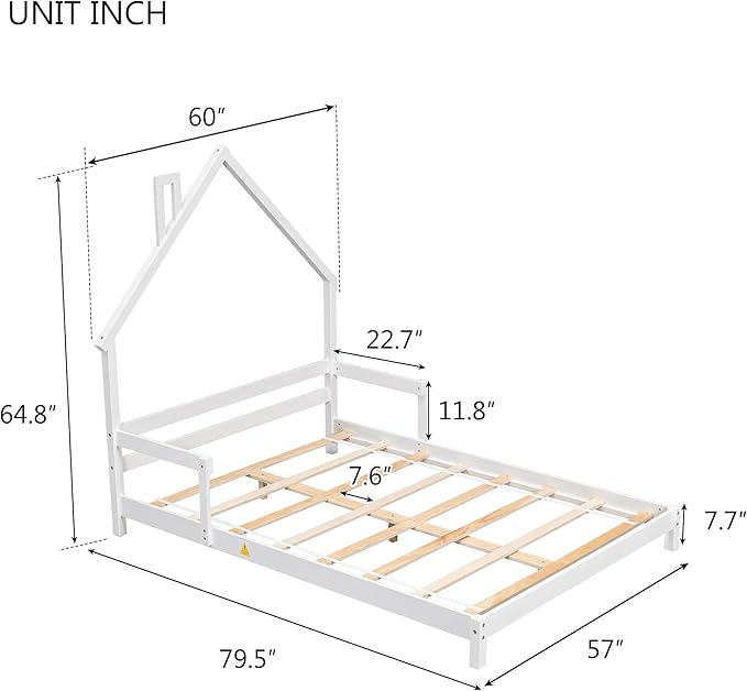 Full Size Bed Frame for Kids,House-Shaped Headboard Kids Bed,Girls Bed with Handrails,Low Platform Bed for Boys Girls,No Box Spring Needed(White) - LeafyLoom