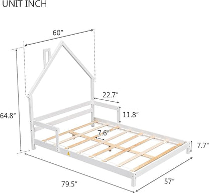 Full Size Bed Frame for Kids,House-Shaped Headboard Kids Bed,Girls Bed with Handrails,Low Platform Bed for Boys Girls,No Box Spring Needed(White) - LeafyLoom