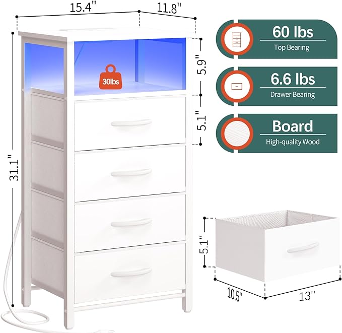 Yoobure Night Stand - LED White Nightstand with Charging Station, Bedside Table with 4 Storage Drawers and Storage Shelf, End Table with USB Ports and Outlets, Fabric Dresser for Bedroom - LeafyLoom